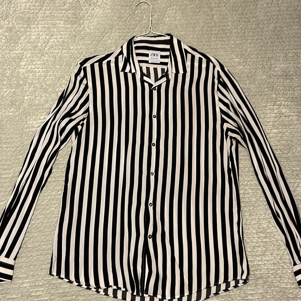 Men’s long sleeve black and white striped shirt silky special occasion feel